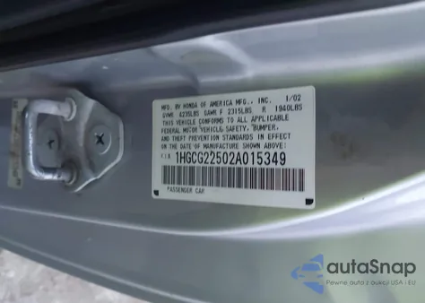 2002 Honda Accord 3.0 Ex из США, поврежденный, VIN 1HGCG22502A015349